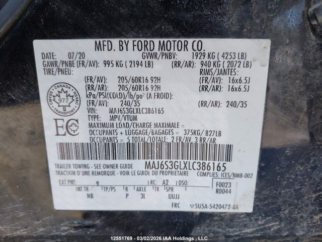 Продажа на аукционе авто 2020 Ford Ecosport Se, vin: MAJ6S3GLXLC386165, номер лота: 12551769