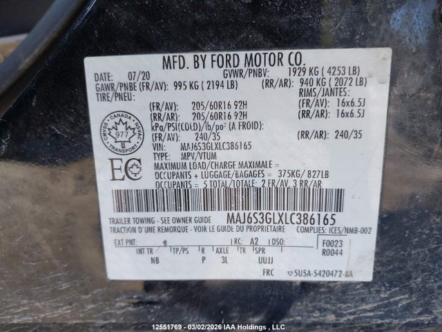 Продажа на аукционе авто 2020 Ford Ecosport Se, vin: MAJ6S3GLXLC386165, номер лота: 12551769
