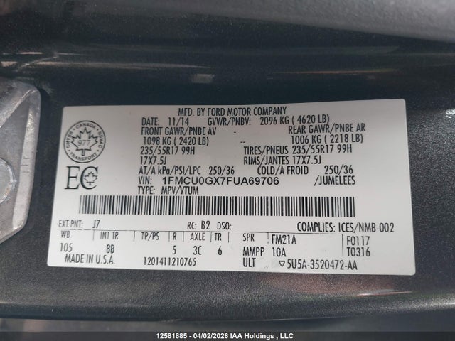 Ford Escape 2015 1FMCU0GX7FUA69706 Image 9