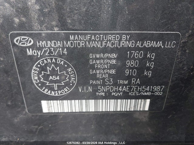 5NPDH4AE7EH541987 Hyundai ELANTRA GL