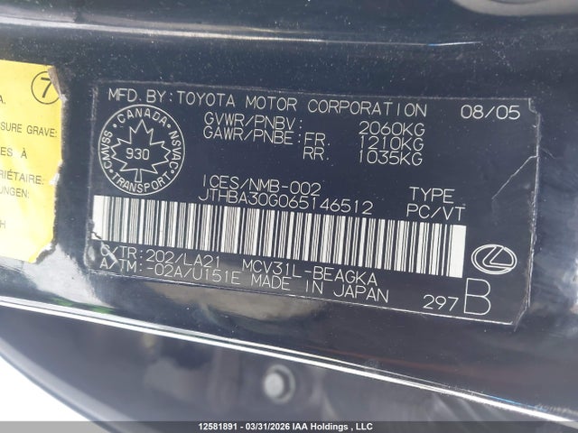 2006 Lexus Es 330 მანქანა იყიდება აუქციონზე, vin: JTHBA30G065146512, აუქციონის ნომერი: 12581891