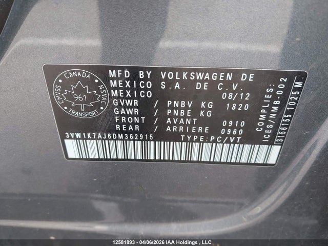 Aukcja sprzedaży 2013 Volkswagen Jetta S, vin: 3VW1K7AJ6DM362915, numer aukcji: 12581893