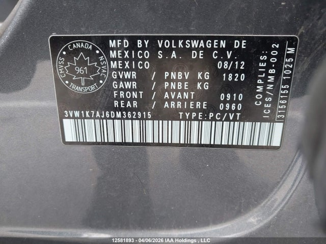 Aukcja sprzedaży 2013 Volkswagen Jetta S, vin: 3VW1K7AJ6DM362915, numer aukcji: 12581893