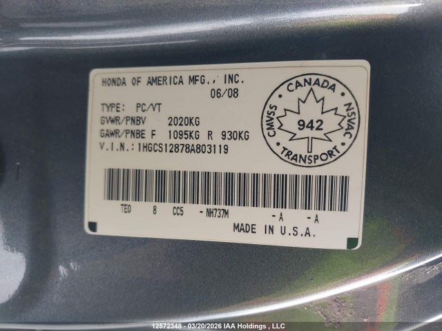 Продажа на аукционе авто 2008 Honda Accord Ex-l, vin: 1HGCS12878A803119, номер лота: 12572348