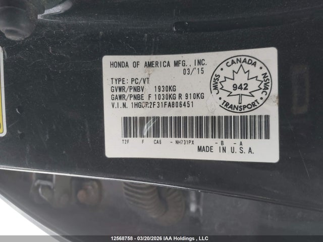 12568758 :رقم المزاد ، 1HGCR2F31FA806451 vin ، 2015 Honda Accord Lx مزاد بيع