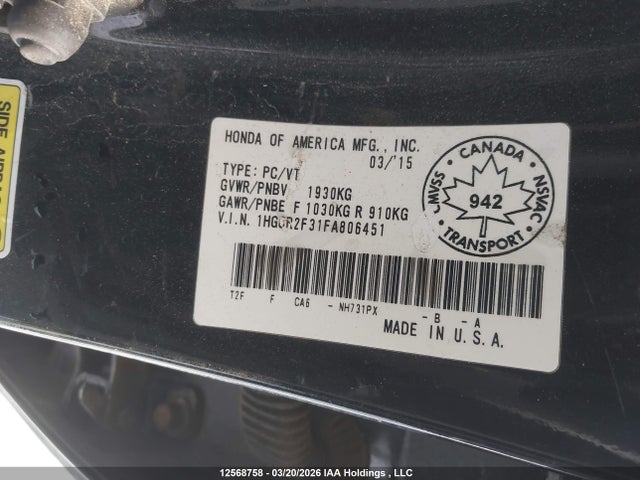 12568758 :رقم المزاد ، 1HGCR2F31FA806451 vin ، 2015 Honda Accord Lx مزاد بيع