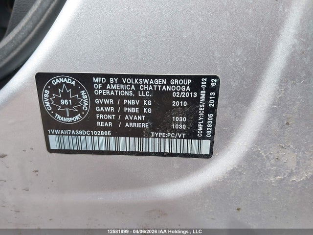12581899 :رقم المزاد ، 1VWAH7A39DC102865 vin ، 2013 Volkswagen Passat مزاد بيع