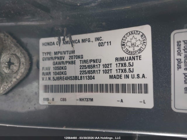 Продаж на аукціоні авто 2011 Honda Cr-v Ex, vin: 5J6RE4H53BL811304, номер лоту: 12564460