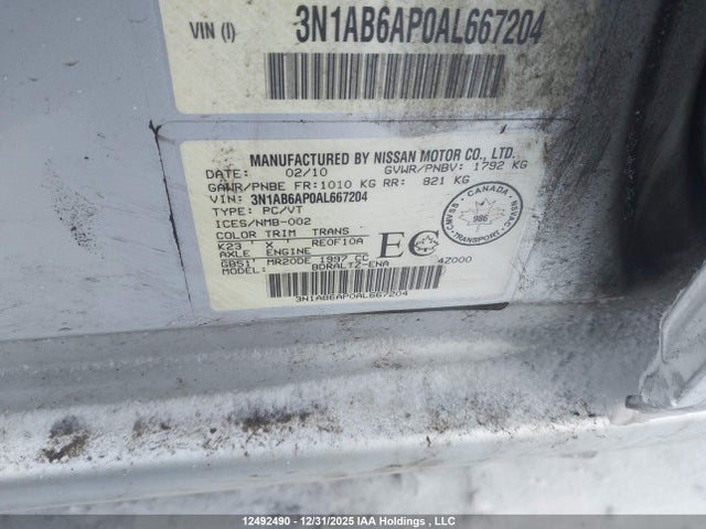 12492490 :رقم المزاد ، 3N1AB6AP0AL667204 vin ، 2010 Nissan Sentra 2.0s مزاد بيع