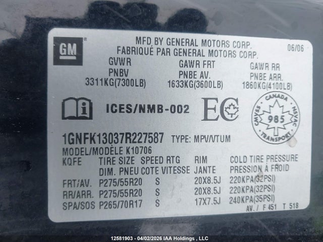 12581903 :رقم المزاد ، 1GNFK13037R227587 vin ، 2007 Chevrolet Tahoe Ls/lt/ltz مزاد بيع