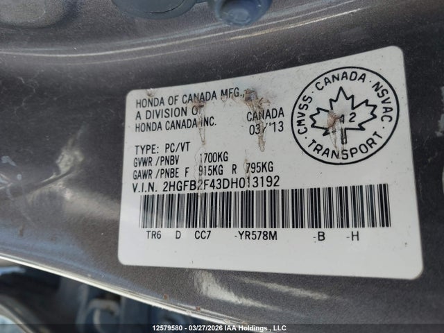 2013 Honda Civic Lx მანქანა იყიდება აუქციონზე, vin: 2HGFB2F43DH013192, აუქციონის ნომერი: 12579580