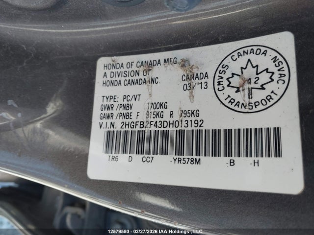 2013 Honda Civic Lx მანქანა იყიდება აუქციონზე, vin: 2HGFB2F43DH013192, აუქციონის ნომერი: 12579580