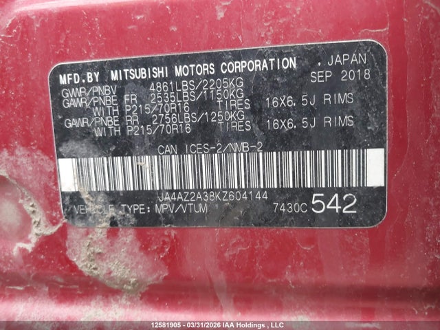 Продаж на аукціоні авто 2019 Mitsubishi Outlander Es, vin: JA4AZ2A38KZ604144, номер лоту: 12581905