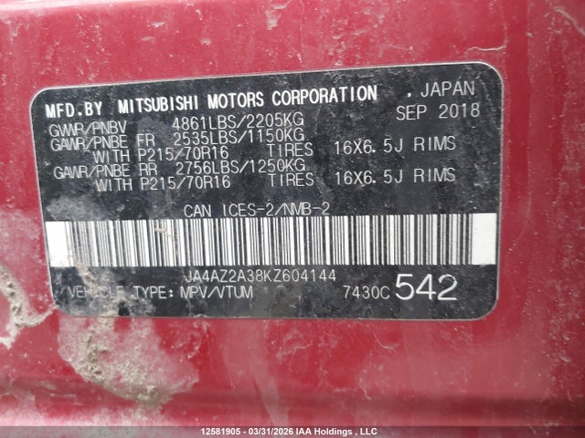 Продаж на аукціоні авто 2019 Mitsubishi Outlander Es, vin: JA4AZ2A38KZ604144, номер лоту: 12581905