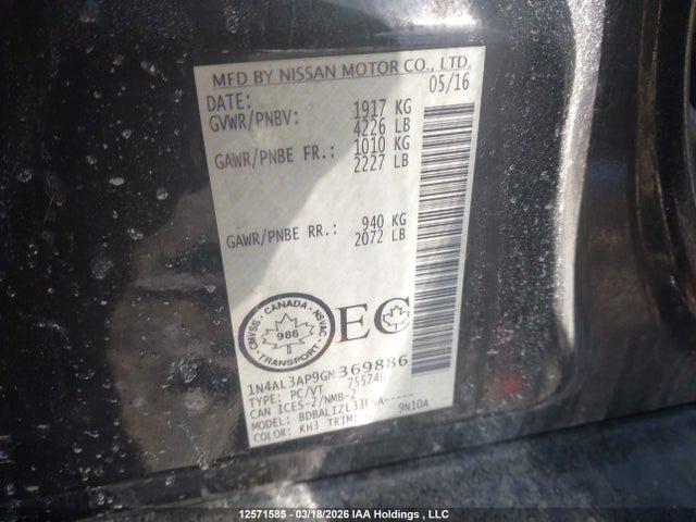 1N4AL3AP9GN369886 Nissan Altima 2.5/2.5 S/2.5 Sl Tech/2.5 Sr/2.5 Sv