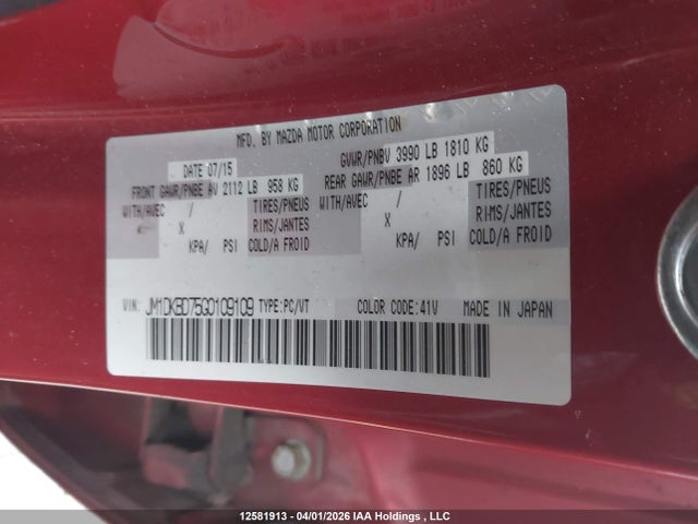 12581913 :رقم المزاد ، JM1DKBD75G0109109 vin ، 2016 Mazda Cx-3 Grand Touring مزاد بيع
