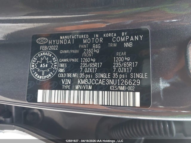 12581927 :رقم المزاد ، KM8JCCAE3NU126629 vin ، 2022 Hyundai Tucson مزاد بيع