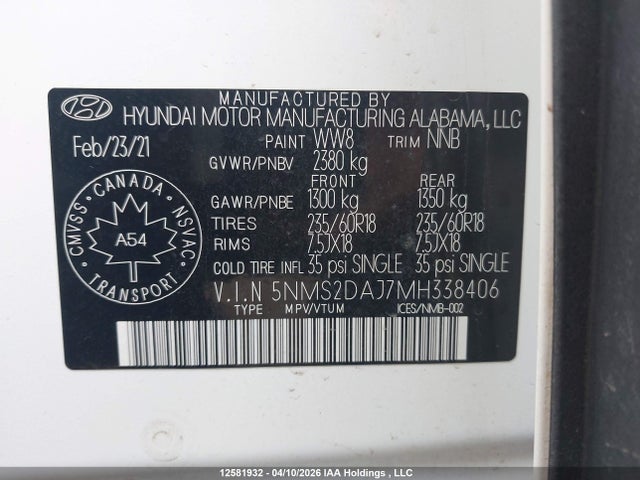 Продажа на аукционе авто 2021 Hyundai Santa Fe Essential Awd, vin: 5NMS2DAJ7MH338406, номер лота: 12581932