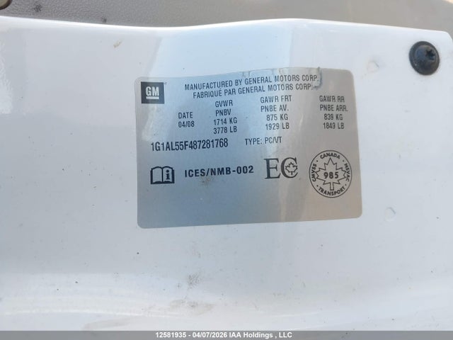 12581935 :رقم المزاد ، 1G1AL55F487281768 vin ، 2008 Chevrolet Cobalt Lt مزاد بيع