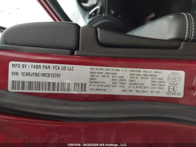Продажа на аукционе авто 2021 Jeep Grand Cherokee Limited, vin: 1C4RJFBG1MC613797, номер лота: 12581936
