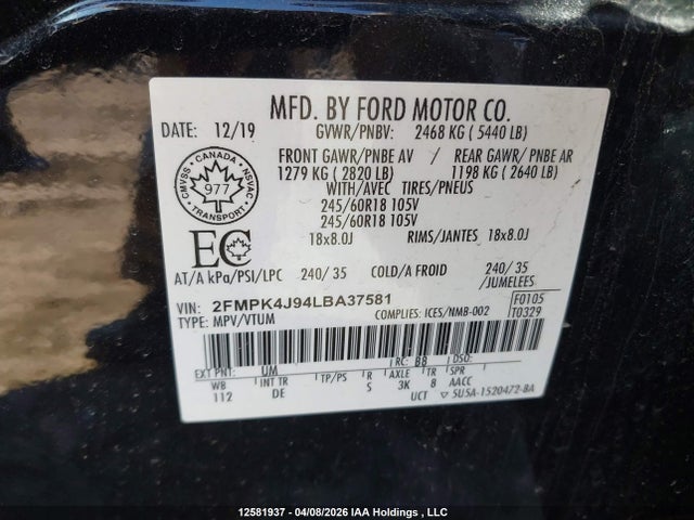 Продаж на аукціоні авто 2020 Ford Edge Sel, vin: 2FMPK4J94LBA37581, номер лоту: 12581937