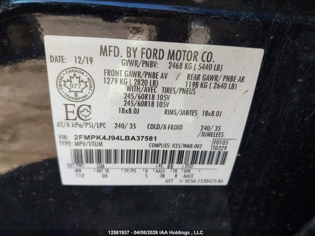 Продаж на аукціоні авто 2020 Ford Edge Sel, vin: 2FMPK4J94LBA37581, номер лоту: 12581937