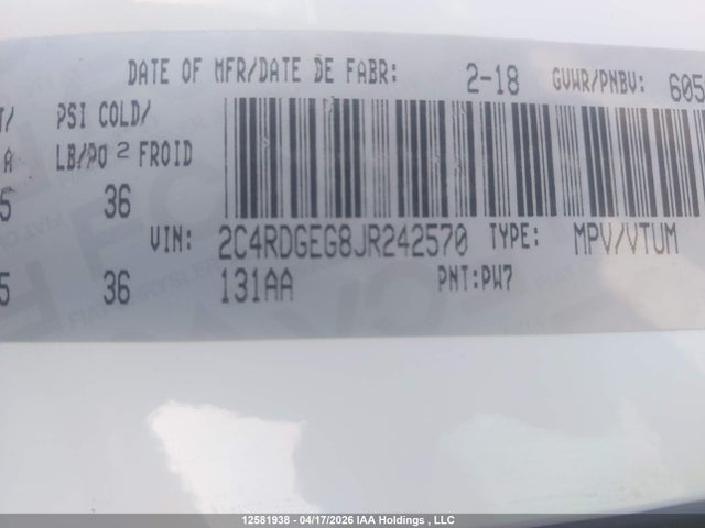 Aukcja sprzedaży 2018 Dodge Grand Caravan Gt, vin: 2C4RDGEG8JR242570, numer aukcji: 12581938