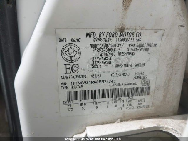 12581939 :رقم المزاد ، 1FTWW31R68EB74743 vin ، 2008 Ford F350 Srw Super Duty مزاد بيع