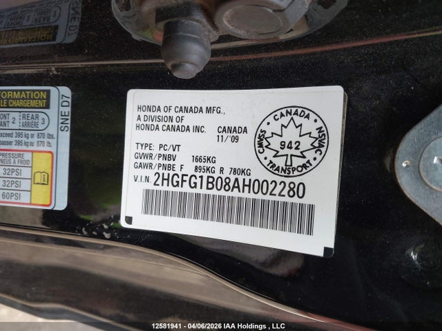 Aukcja sprzedaży 2010 Honda Civic Ex-l, vin: 2HGFG1B08AH002280, numer aukcji: 12581941
