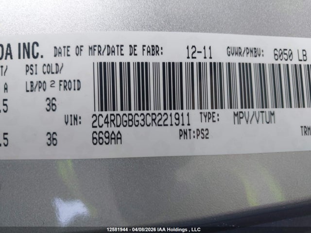 Aukcja sprzedaży 2012 Dodge Grand Caravan Se, vin: 2C4RDGBG3CR221911, numer aukcji: 12581944