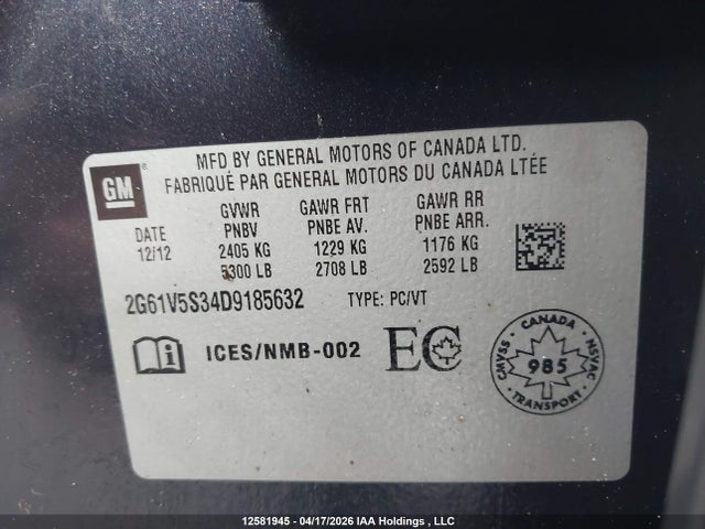 12581945 :رقم المزاد ، 2G61V5S34D9185632 vin ، 2013 Cadillac Xts Platinum مزاد بيع
