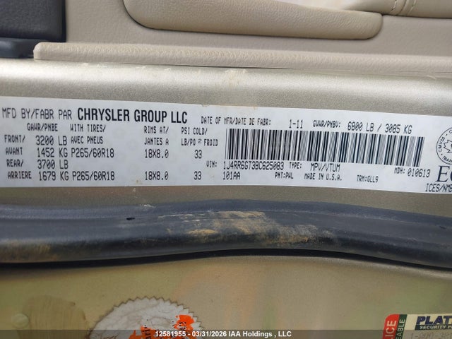12581955 :رقم المزاد ، 1J4RR6GT3BC625083 vin ، 2011 Jeep Grand Cherokee Overland مزاد بيع