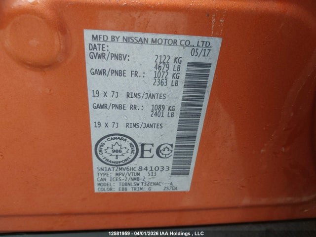 5N1AT2MV6HC841033 Nissan Rogue S/sl Platinum/sv