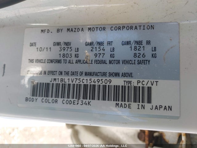 Aukcja sprzedaży 2012 Mazda Mazda3 Gs-sky, vin: JM1BL1V75C1549509, numer aukcji: 12581960