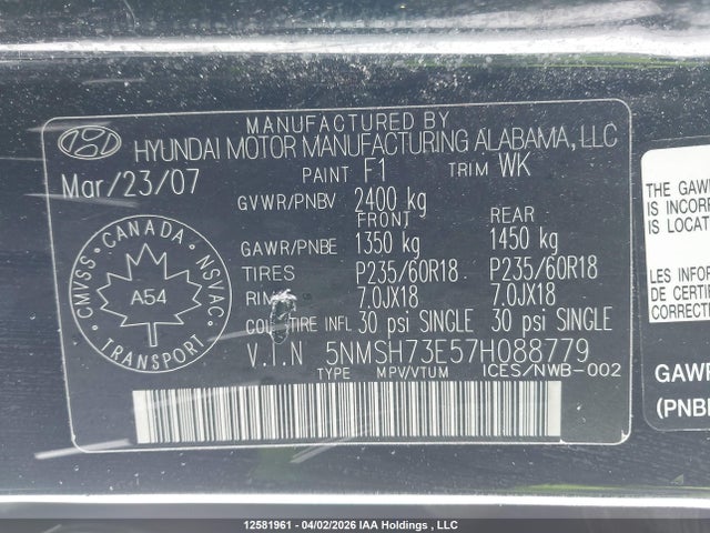 Продажа на аукционе авто 2007 Hyundai Santa Fe Gls, vin: 5NMSH73E57H088779, номер лота: 12581961
