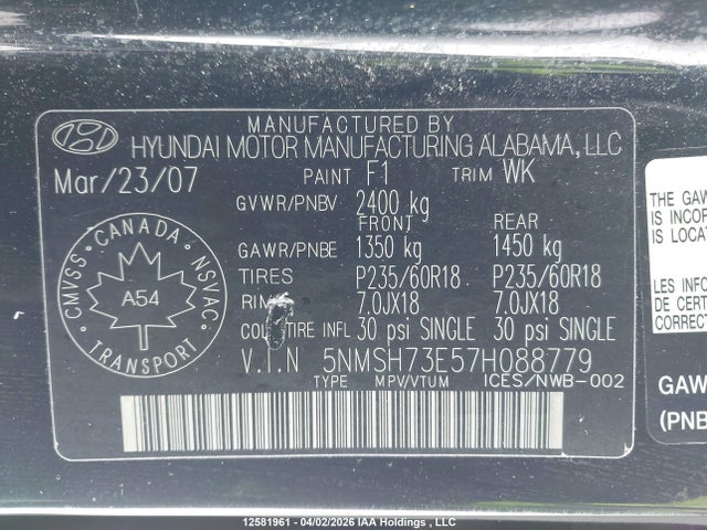 Продажа на аукционе авто 2007 Hyundai Santa Fe Gls, vin: 5NMSH73E57H088779, номер лота: 12581961