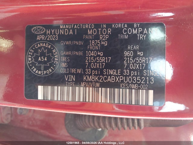 Продаж на аукціоні авто 2023 Hyundai Kona Se, vin: KM8K2CABXPU035213, номер лоту: 12581965