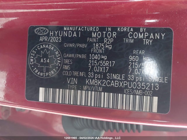 Продаж на аукціоні авто 2023 Hyundai Kona Se, vin: KM8K2CABXPU035213, номер лоту: 12581965
