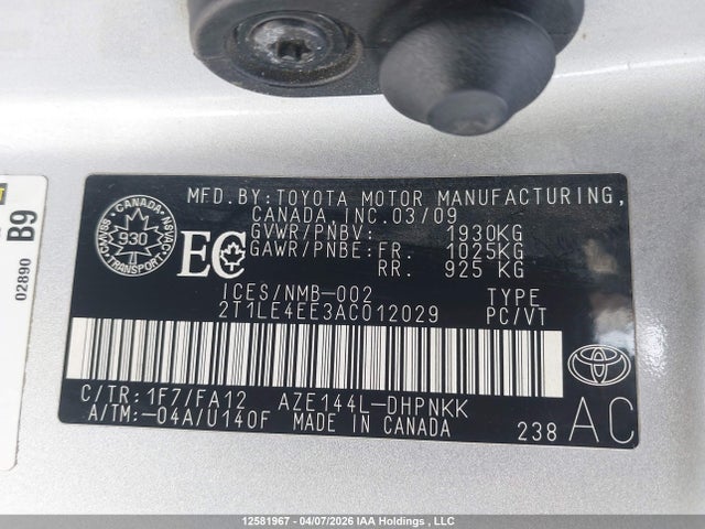 12581967 :رقم المزاد ، 2T1LE4EE3AC012029 vin ، 2010 Toyota Corolla Matrix S مزاد بيع
