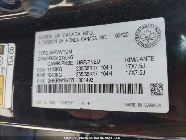 2HKRW1H27LH001493 Honda CR-V LX