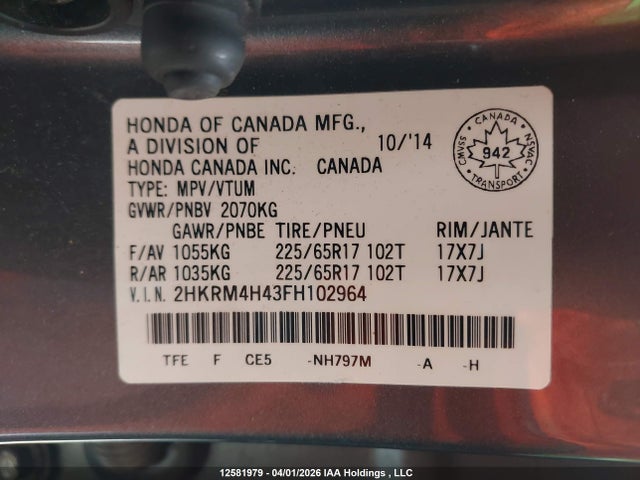 2015 Honda Cr-v Se მანქანა იყიდება აუქციონზე, vin: 2HKRM4H43FH102964, აუქციონის ნომერი: 12581979