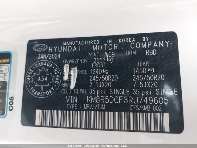 KM8R5DGE3RU749605 Hyundai Palisade Limited