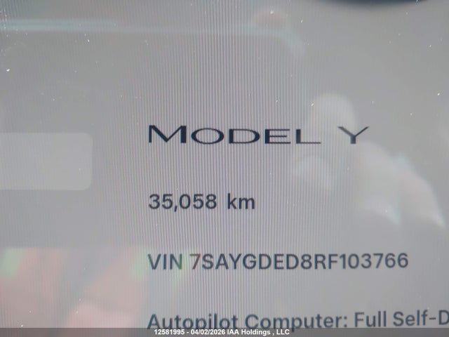 12581995 :رقم المزاد ، 7SAYGDED8RF103766 vin ، 2024 Tesla Model Y Long Range/rwd مزاد بيع