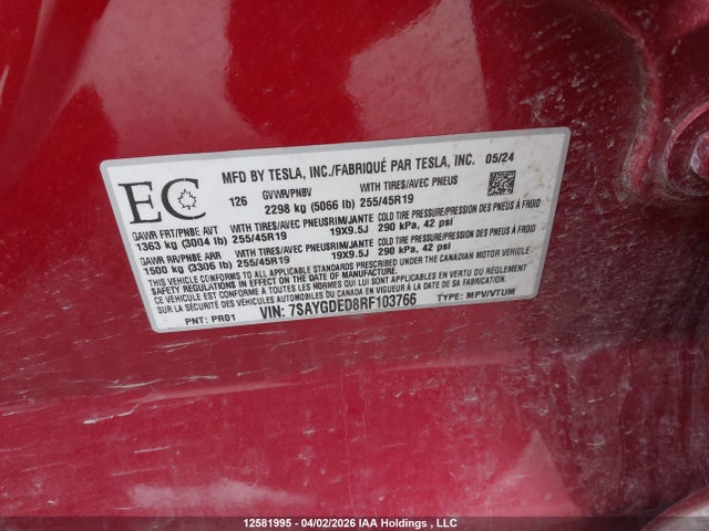 12581995 :رقم المزاد ، 7SAYGDED8RF103766 vin ، 2024 Tesla Model Y Long Range/rwd مزاد بيع