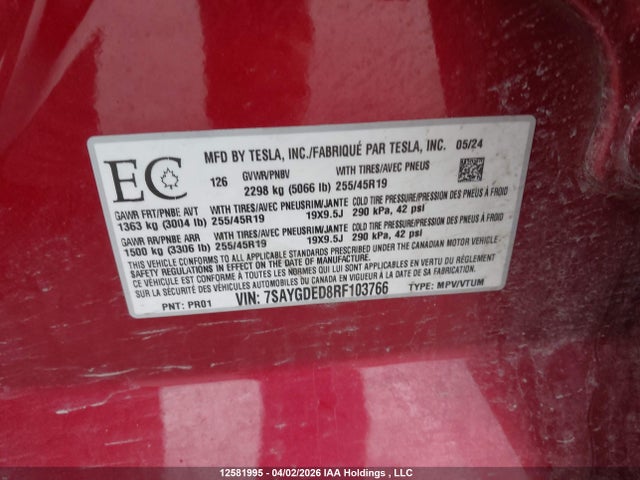 12581995 :رقم المزاد ، 7SAYGDED8RF103766 vin ، 2024 Tesla Model Y Long Range/rwd مزاد بيع