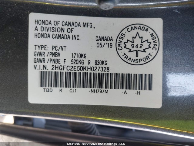 Продаж на аукціоні авто 2019 Honda Civic Lx, vin: 2HGFC2E50KH027328, номер лоту: 12581996