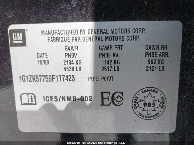 Aukcja sprzedaży 2009 Chevrolet Malibu Ltz, vin: 1G1ZK57759F177423, numer aukcji: 12582010