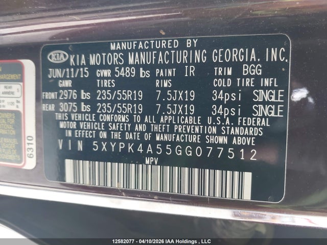 5XYPK4A55GG077512 KIA Sorento Sx/sx Limited