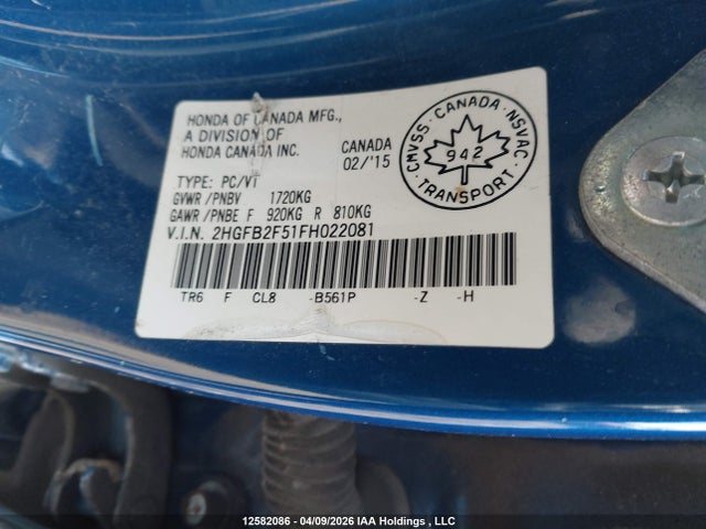 Продаж на аукціоні авто 2015 Honda Civic Ex, vin: 2HGFB2F51FH022081, номер лоту: 12582086