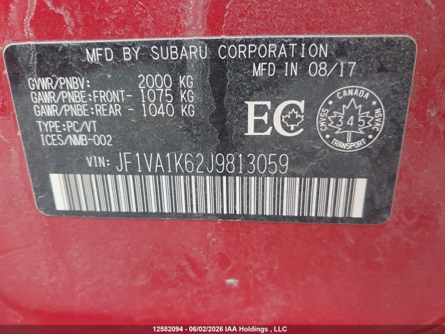 Aukcja sprzedaży 2018 Subaru Wrx Limited, vin: JF1VA1K62J9813059, numer aukcji: 12582094